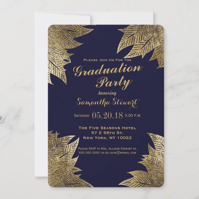 Gold Leaves on Navy Blue Graduation Party Invites (Front)