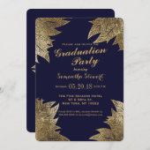 Gold Leaves on Navy Blue Graduation Party Invites (Front/Back)