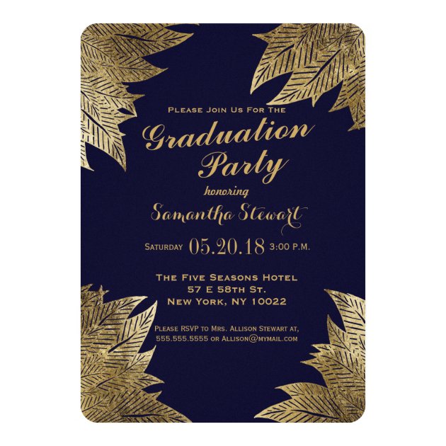 Gold Leaves On Navy Blue Graduation Party Invites