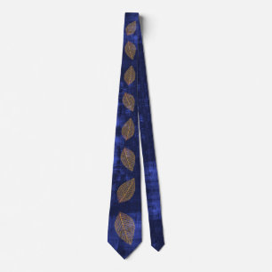 Gold Leaves on Navy Blue Satin look Neck Tie