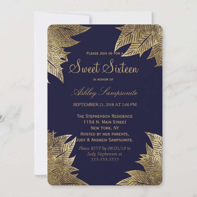 Gold Leaves on Navy Blue Sweet 16 Invitations (Front)