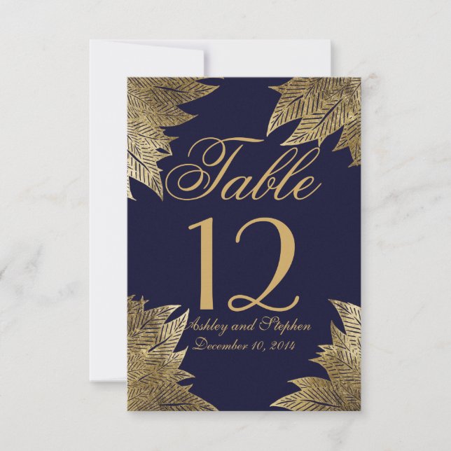 Gold Leaves on Navy Blue Table Numbers (Front)
