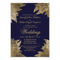 Gold Leaves on Navy Blue Wedding Invitations