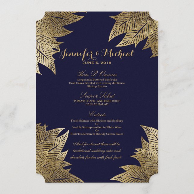 Gold Leaves on Navy Blue Wedding Menu (Front)