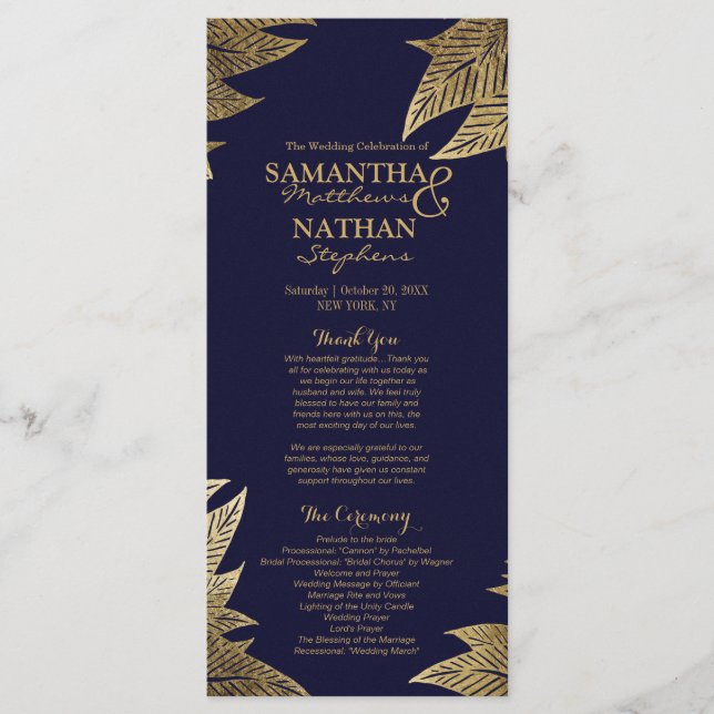 Gold Leaves on Navy Blue Wedding Programs (Front)