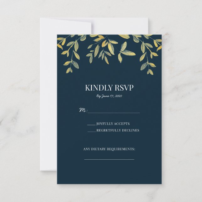 Gold Leaves on Navy formal wedding RSVP cards (Front)