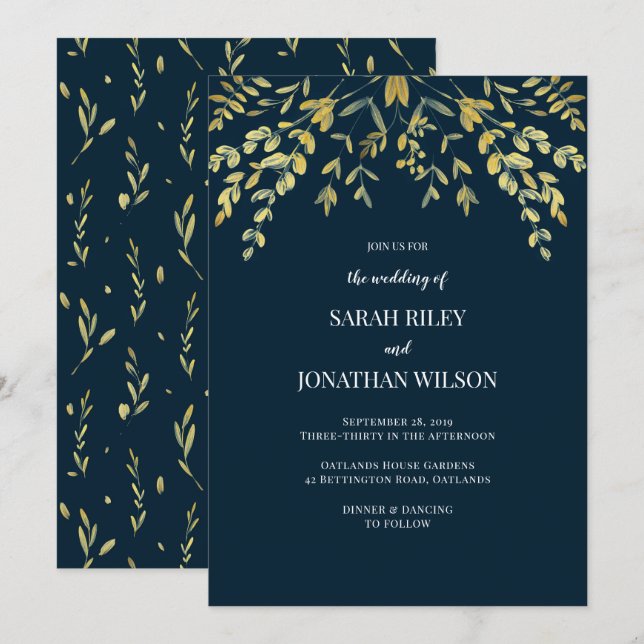 Gold Leaves on Navy Wedding invitation (Front/Back)