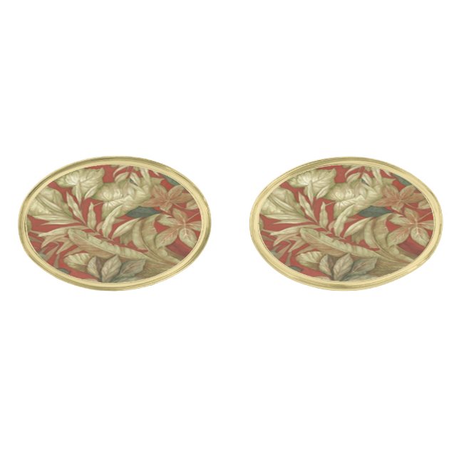 Gold Leaves On Red Cufflinks (Front)
