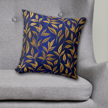 Gold Leaves On Royal Blue Glow Throw Pillow by Westerngirl2 at Zazzle