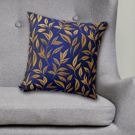 Gold Leaves On Royal Blue Glow Throw Pillow