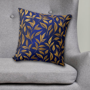 Gold Leaves on Royal Blue Glow Throw Pillow