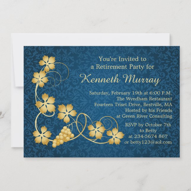 Gold leaves on vine, blue damask Retirement Party Invitation (Front)