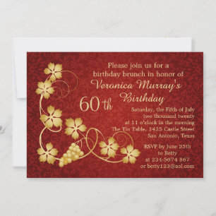 Gold leaves on vine, red damask 60th Birthday Invitation