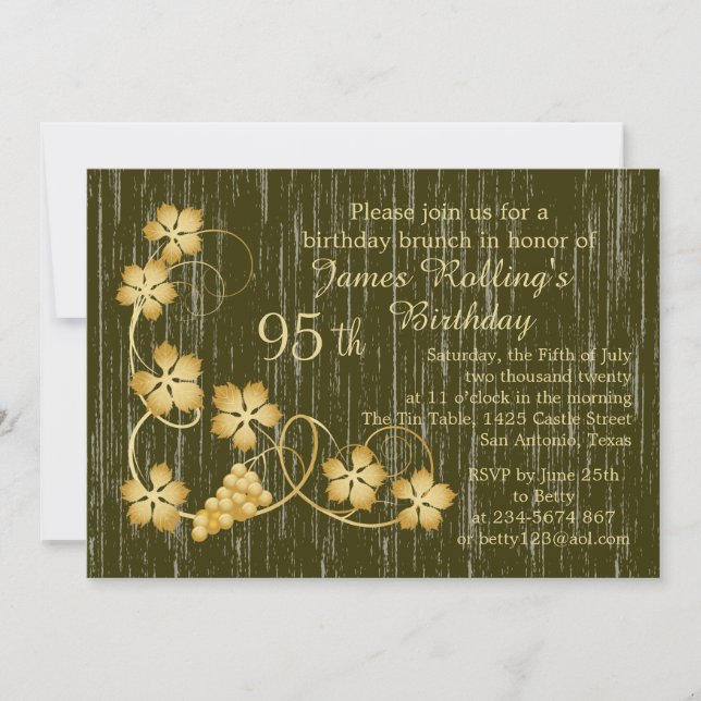 Gold leaves on vine, wood effect 95th Birthday Invitation (Front)