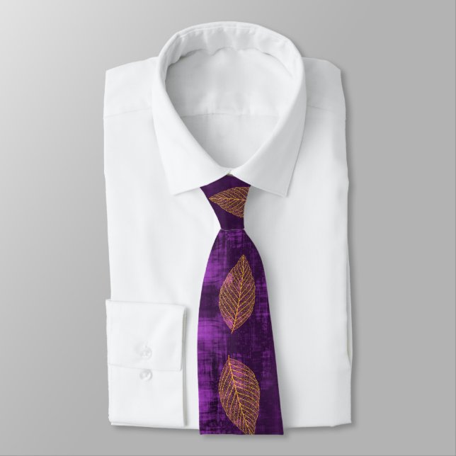 Gold Leaves on Violet Purple Satin look Neck Tie (Tied)
