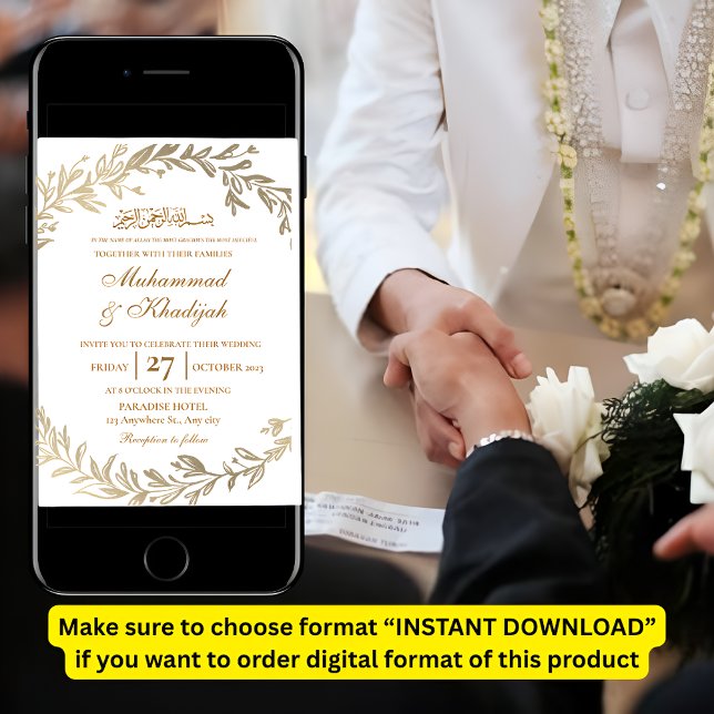 Gold Leaves Ornate Muslim Wedding Invitation Nikah (Creator Uploaded)