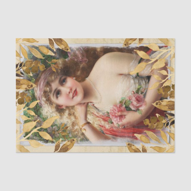 Gold Leaves Overlay Victorian Woman Pink Roses Tissue Paper (Front)