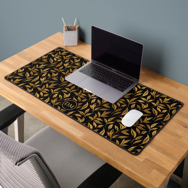 Gold Leaves Pattern on Black Monogram Desk Mat (Office 2)