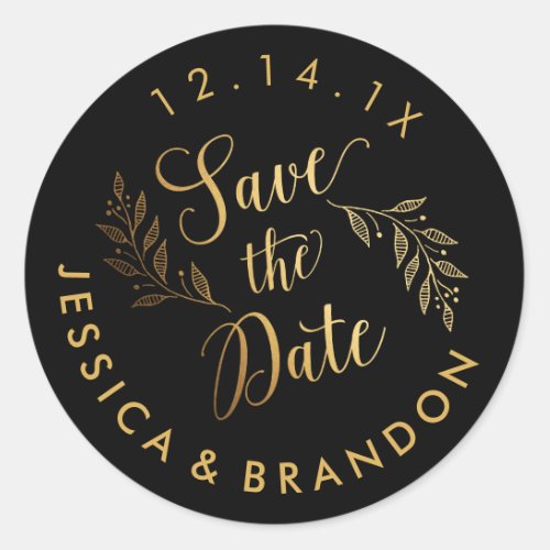 Gold Leaves Personalized Save the Date Classic Round Sticker