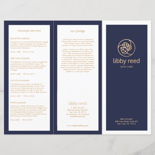 Gold Leaves SkinCare Spa TriFold Navy Brochure