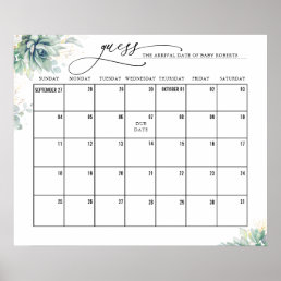 Gold Leaves Succulents Guess Due Date Calendar Poster
