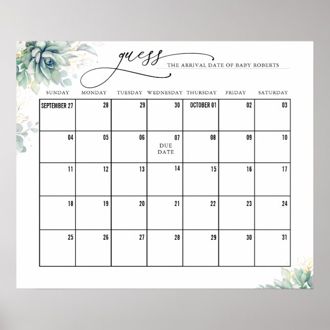 Gold Leaves Succulents Guess Due Date Calendar Poster (Front)