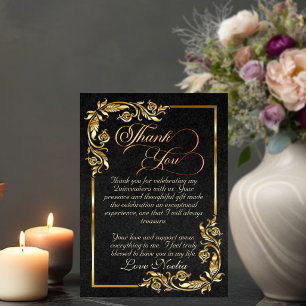Gold Leaves & Tiara - Black Quinceanera Thank You Card