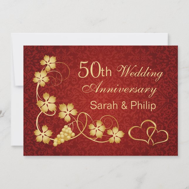 Gold leaves, vine, hearts 50th Wedding Anniversary Invitation (Front)