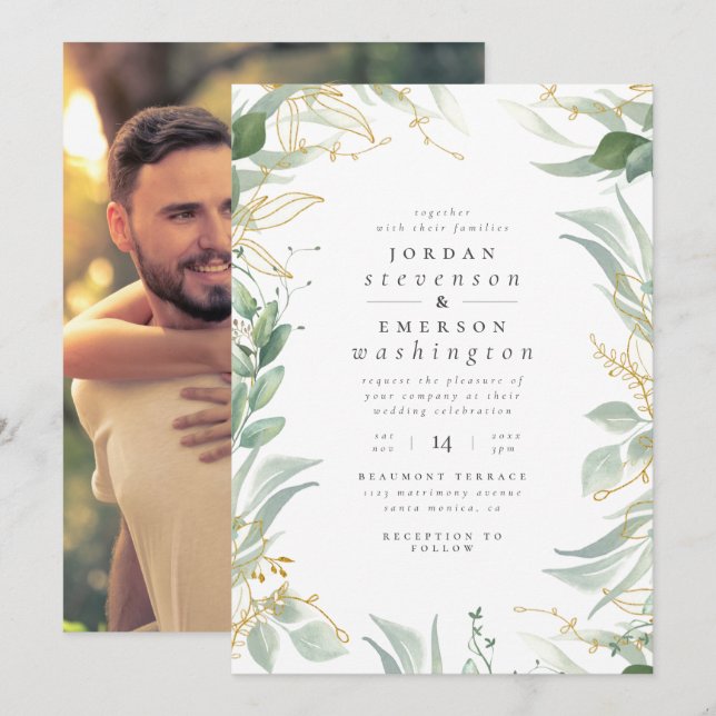 Gold Leaves & Watercolor Branches | Wedding Photo Invitation (Front/Back)