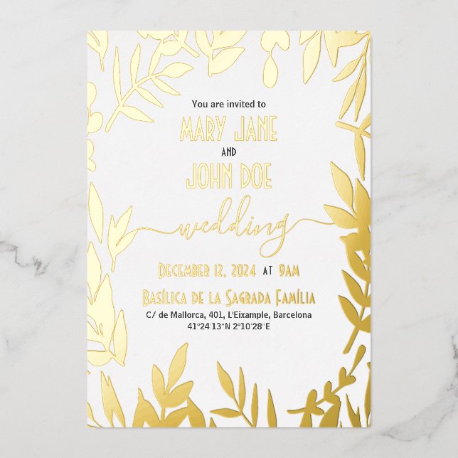 Gold Leaves Wedding Invitation Foil Invitation (Front)