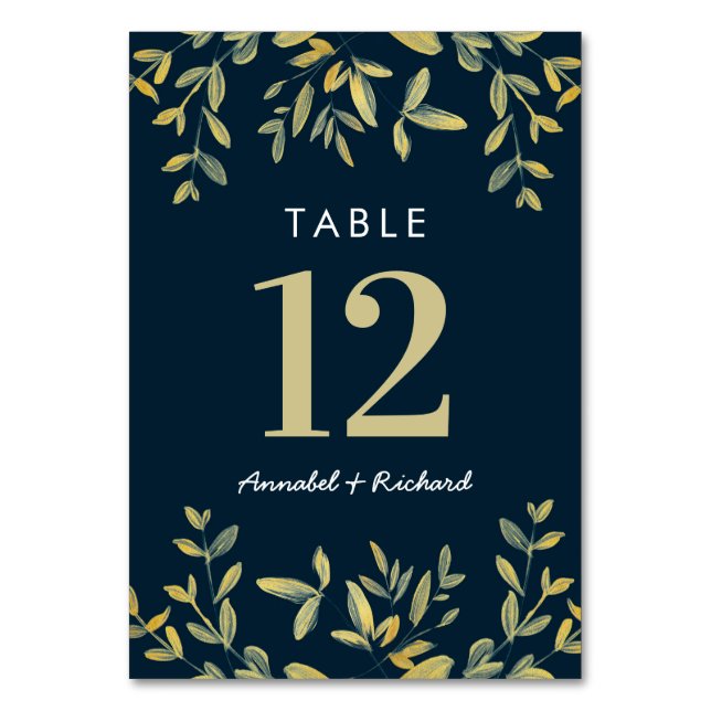 Gold leaves Wedding number table cards (Front)