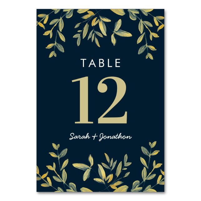 Gold leaves Wedding number table cards (Front)