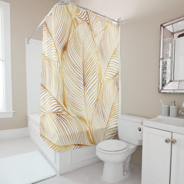 Gold Leaves White Elegant Pattern Shower Curtain (In Situ)