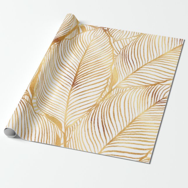 Gold Leaves White Elegant Pattern Wrapping Paper (Unrolled)