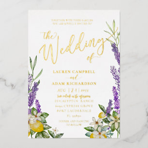 Gold Lemon & Lavender Foliage Wedding Invitation Foil Invitation