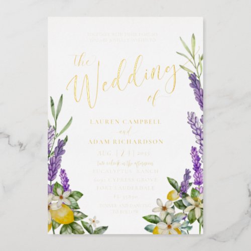 Gold Lemon  Lavender Foliage Wedding Invitation Foil Invitation