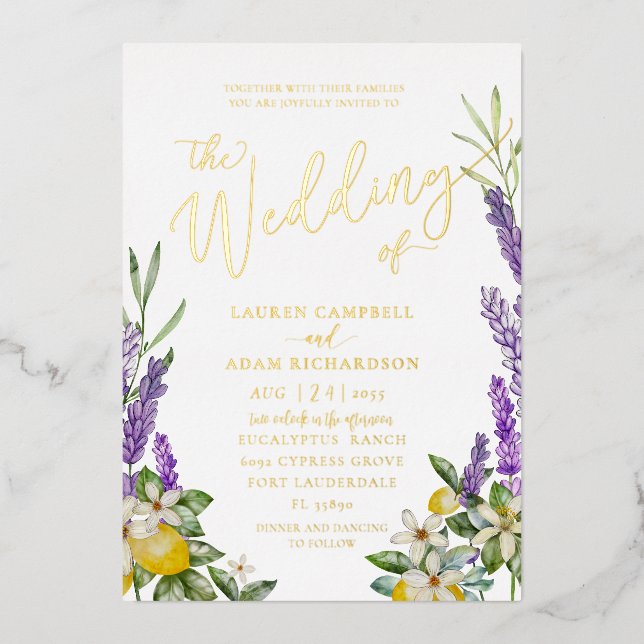 Gold Lemon & Lavender Foliage Wedding Invitation Foil Invitation (Front)