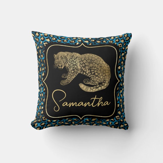 Gold Leopard and Blue Leopard Print Throw Pillow (Front)