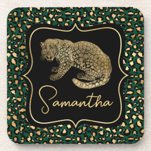 Gold Leopard and Green Leopard Print Beverage Coaster