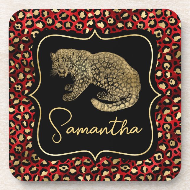 Gold Leopard and Red Leopard Print Beverage Coaster (Front)