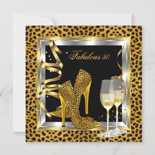 Gold Leopard Black High Heels Shoes Birthday 2 Invitation