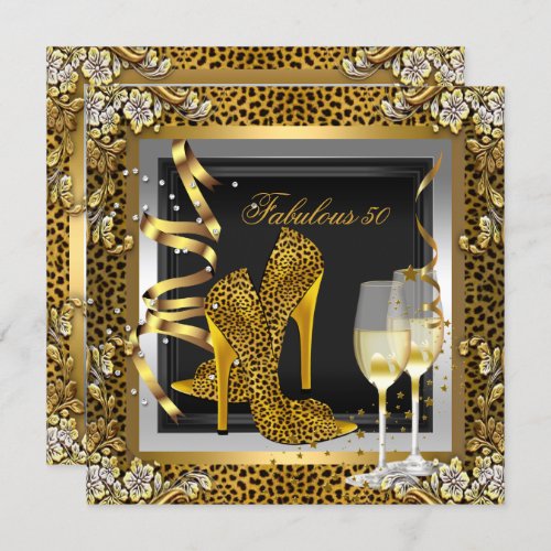 Gold Leopard Black High Heels Shoes Birthday Invitation