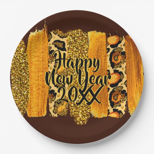 Gold  Leopard Brush Stroke Happy New Year 20xx 9 Paper Plates