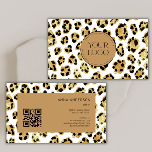 Gold Leopard Cheetah Print Custom Logo QR Code Business Card