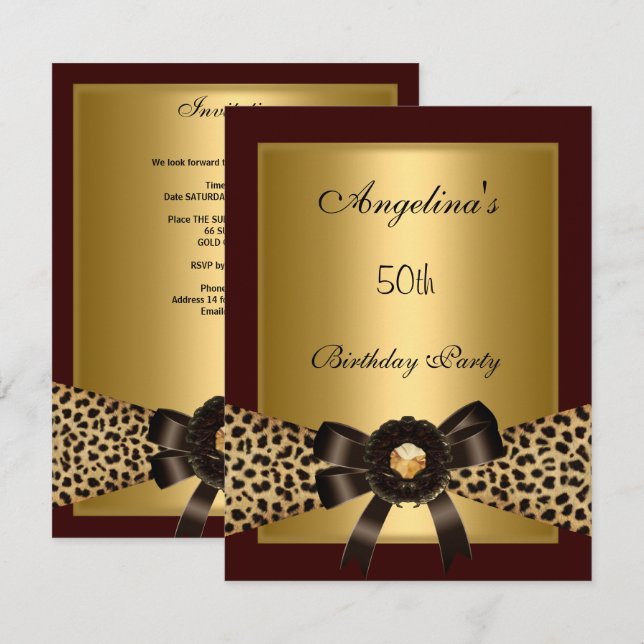 Gold Leopard Coffee Brown Black 50th Birthday 3 Invitation (Front/Back)