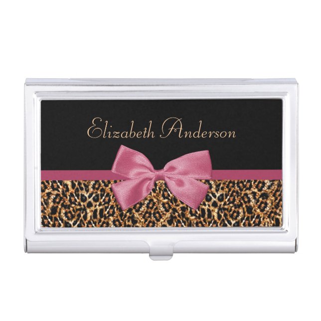 Gold Leopard Fur Chic Sangria Pink Bow With Name Business Card Case (Front)