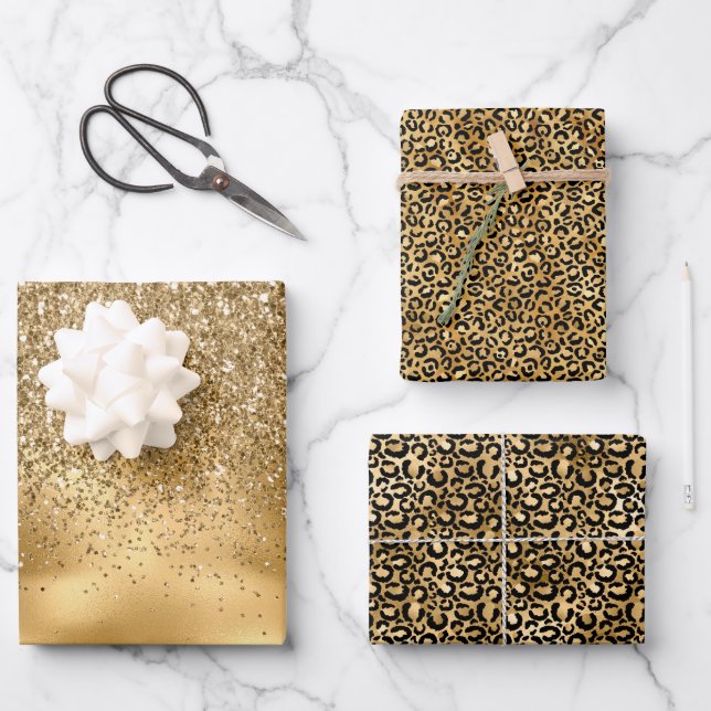 Gold Leopard Glitter Glam Wrapping Paper Sheets (Front)