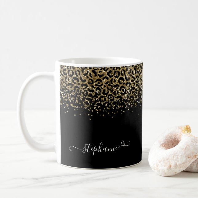 Gold Leopard Glitter Monogram Black Coffee Mug (With Donut)