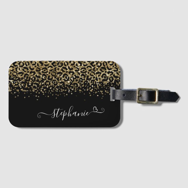 Gold Leopard Glitter Monogram Black Luggage Tag (Front Horizontal)