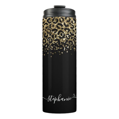 Gold Leopard Glitter Monogram Black Thermal Tumbler